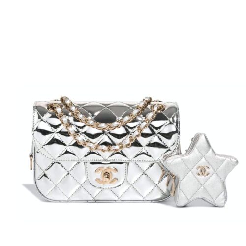 Chanel Star Mini Patent Leather Flap Bag With Coin Purse Silver 24Cm AS4648 B14873 NT666