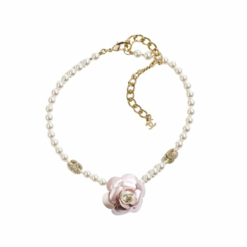 Chanel Camellia Choker Necklace Resin Pearls Pink Gold ABA025 B09960 NL921