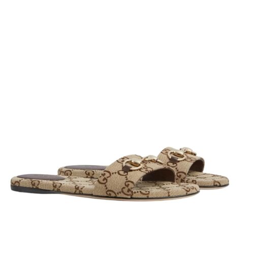 Gucci Women's Slide GG Canvas Sandal Beige And Dark Brown 835828 FAB10 2543