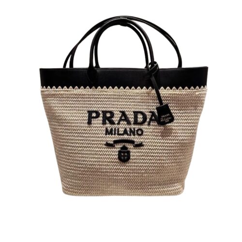 Prada Medium Crochet And Leather Tote Bag Tan And Black 33Cm 1Bg499 2M2Q F0I55 V Goo