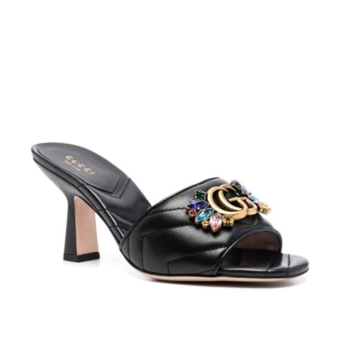 Gucci Women’s Flower Double G Leather Slide Sandal Black