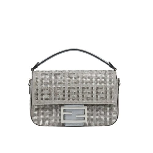 Fendi Baguette Medium Crystal Trim Shoulder Bag Silver Grey 25Cm