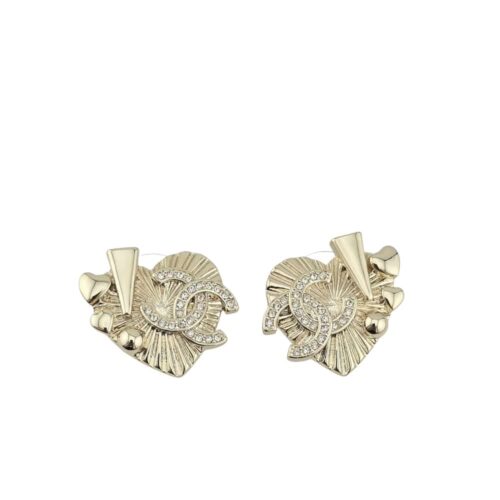 Chanel Stud Earrings Heart Metal Crystals Gold ABG358 B21895 U3549