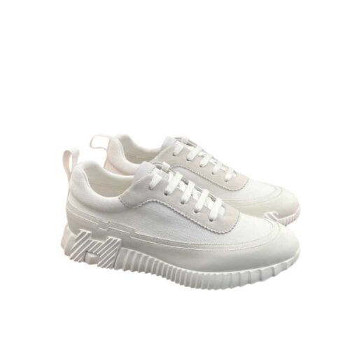 Hermes Bouncing Sneakers Smooth Leather Canvas Light Gray White