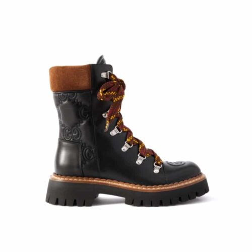 Gucci Women Lace Up Ankle Leather Boot Black And Tan 758284 Aacm1 1046