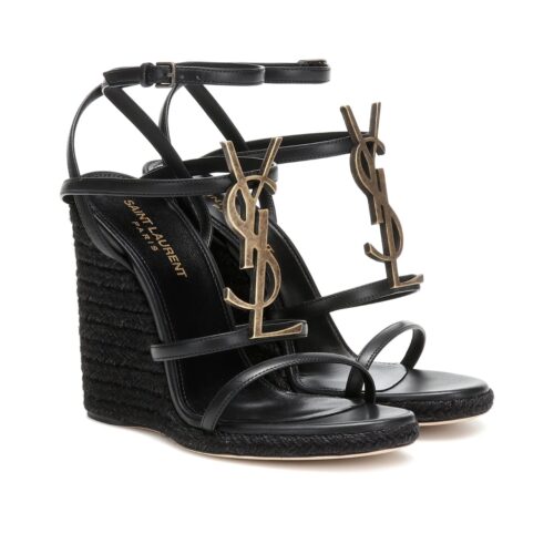 Saint Laurent Cassandra 115 Wedge Sandals Smooth Leather Raffia Black