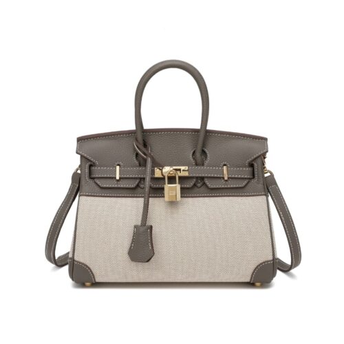 Hermes Birkin 25 Two Tone Toile Canvas Gold Hardware Handbag Grey Beige 25Cm