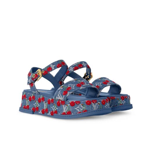 Louis Vuitton X Takashi Maya Platform Monogram Cherry Denim Sandal Blue 1Ahnyd