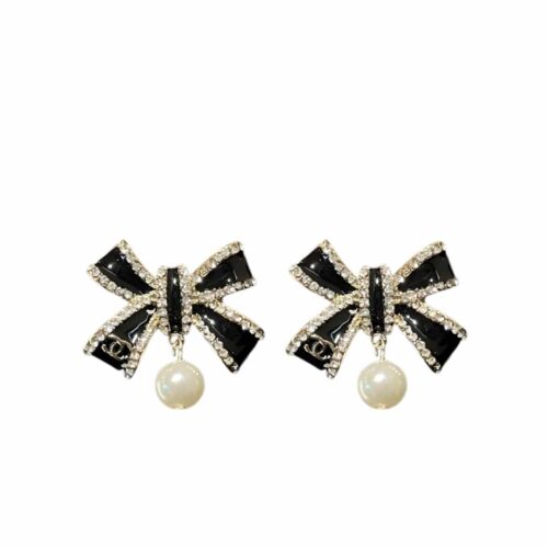 Chanel Dangle Earrings Bow Enamel Crystals Pearl Gold Black ABG402 B21902 U3576