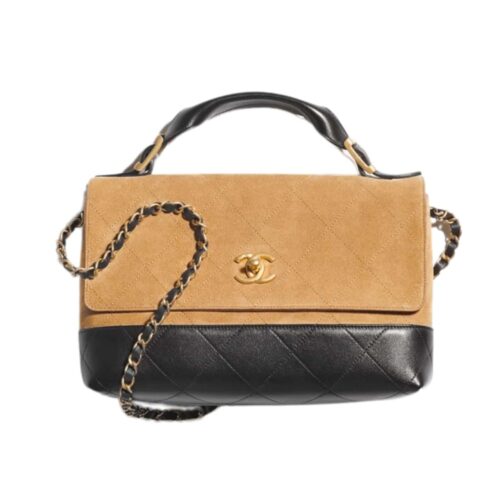 Chanel 25A Medium Suede And Smooth Leather Handle Bags Beige Black 29cm AS5637 B20827 U1536