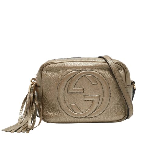 Gucci Metallic Leather Soho Disco Camera Crossbody Bag Brown 21Cm
