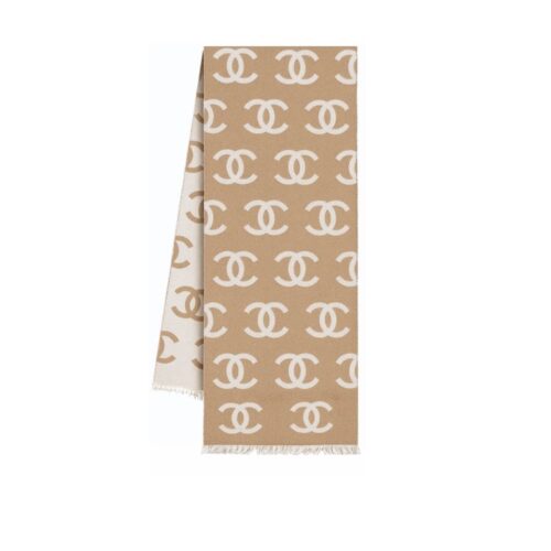 Chanel Scarf Reversible Cashmere Wool Camel Beige White