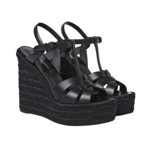 Saint Laurent Tribute Espadrilles Wedge In Smooth Leather Black 611924BDA001000