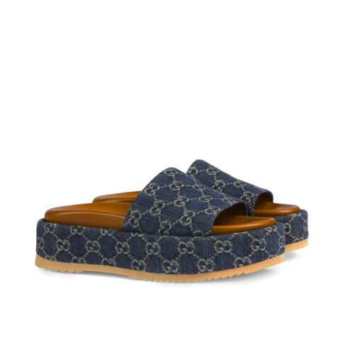 Gucci Women's Platform GG Denim Slide Sandal Blue ‎623212 2KQ00 4402