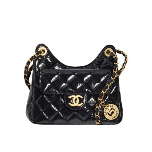 Chanel Small Shiny Crumpled Leather Hobo Bag Black 20cm AS3710 B09746 94305