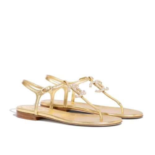 Chanel CC Logo Metallic Leather Thong Sandals Gold