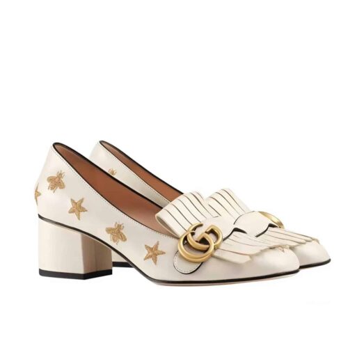 Gucci Marmont Mid Heel Leather Pump Bee Star White 551548 D3v00 9022