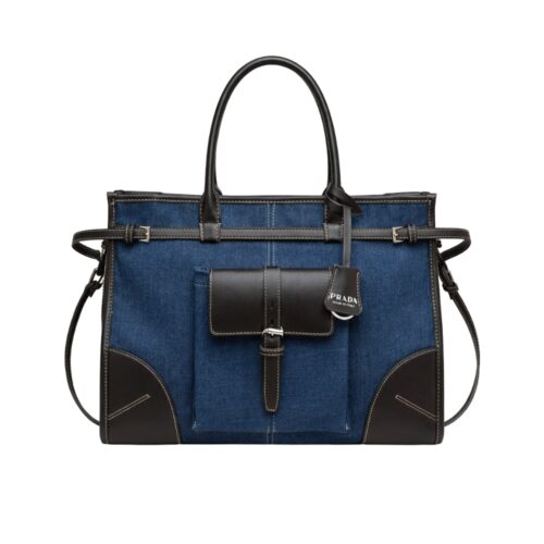 Prada Bonnie Large Denim Handbag Blue And Black 38cm