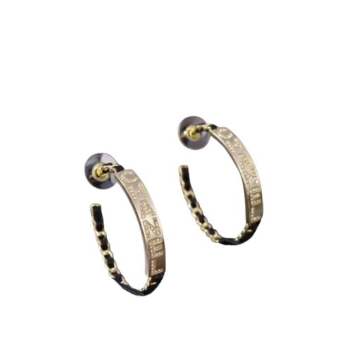 Chanel Lettering Hoop Earrings Crystals Leather Gold