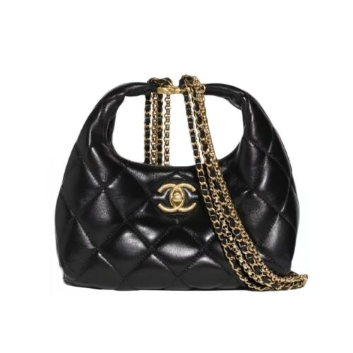 Chanel 24A Small Quilted Shiny Leather Hobo Bag Black 20cm AS4966 B17320 94305