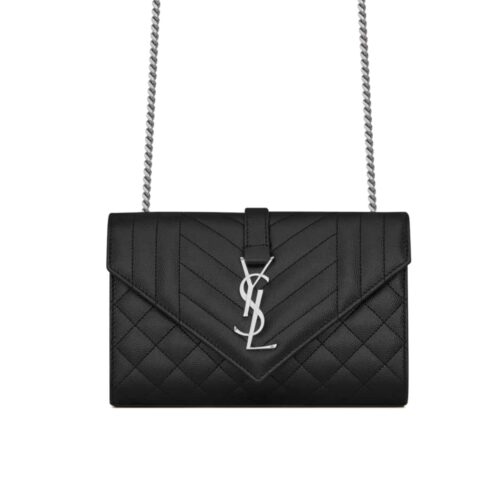 Saint Laurent Envelope Small Quilted Grain De Poudre Embossed Leather Silver Hardware Crossbody Bag Black 21cm 600195BOW921000