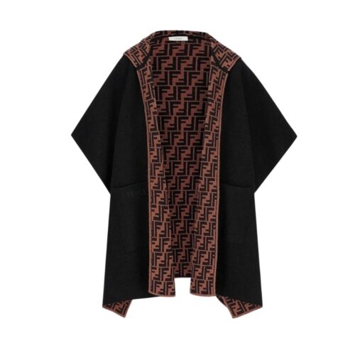 Fendi Junior Reversible FF Logo Wool And Cashmere Cape Black And Brown JFQ056AKLSF1M0T