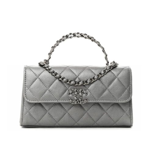 Chanel 23P Small Grained Leather Clutch With Chain Bag Silver 18cm