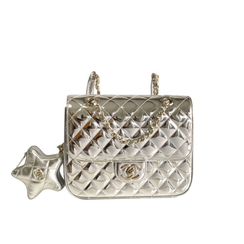 Chanel Star Mini Patent Leather Flap Bag Metallic Silver 23cm