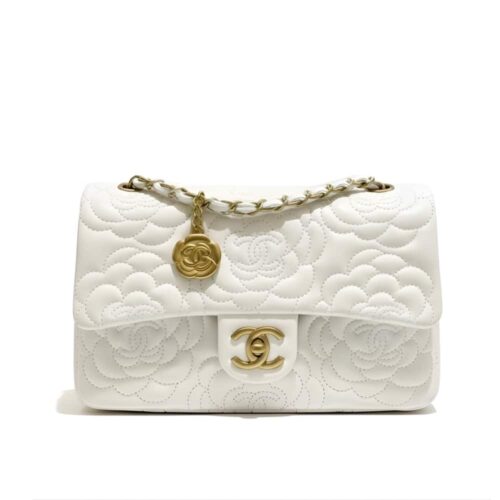 Chanel Camellia Medium Smooth Leather Flap Bag White 26cm