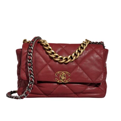Chanel 19 Small Shiny Crumpled Leather Flap Bags Burgundy 22cm
