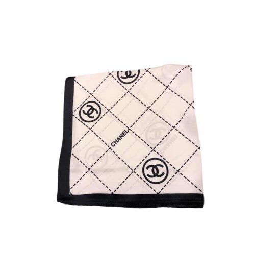 Chanel Square Scarf Silk Twill Quilted Grid CC White Black 70cm