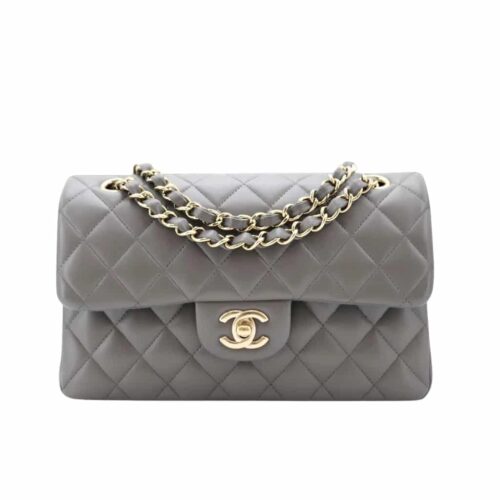 Chanel Classic Double Flap Bag Smooth Leather Flap Bag Gray 25cm