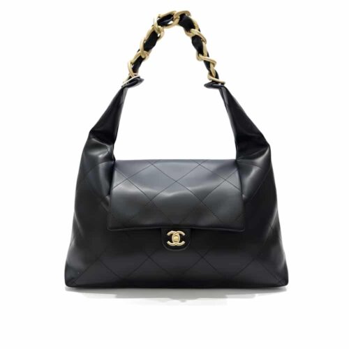 Chanel Maxi Shiny Smooth Leather Hobo Bag Black 43cm AS5839 B22140 94305