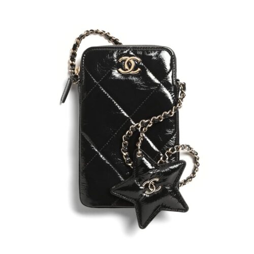 Chanel Phone Holder Small Shiny Crumpled Pattern Crossbody Bags Black 18cm AP4777 B21296 94305