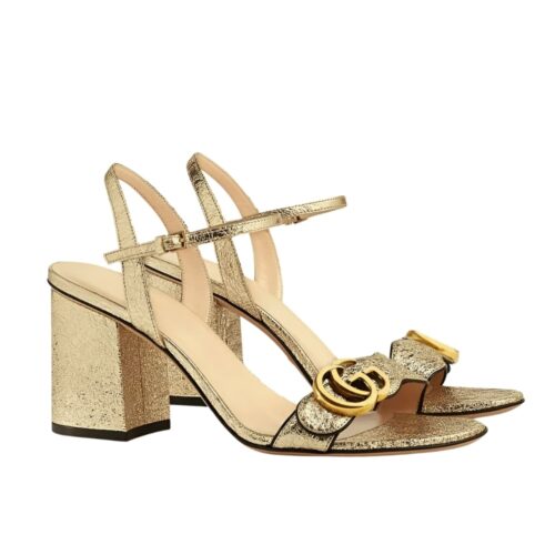 Gucci Mid Heel Leather Sandal Gold 453379 Dkt00 7100