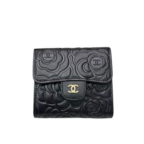 Chanel Camellia Small Flap Wallet Embossed Leather Black 11cm