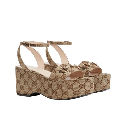 Gucci Women Horsebit Flatform GG Canvas Sandal Beige And Ebony 794718 2Hk80 9741