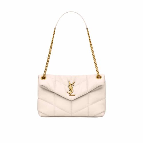 Saint Laurent Puffer Small In Leather Gold Hardware Shoulder Bag White 29Cm 5774761EL079207
