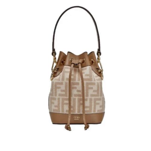 Fendi Mon Tresor Mini FF Jacquard Fabric Bucket Bag Beige 23Cm