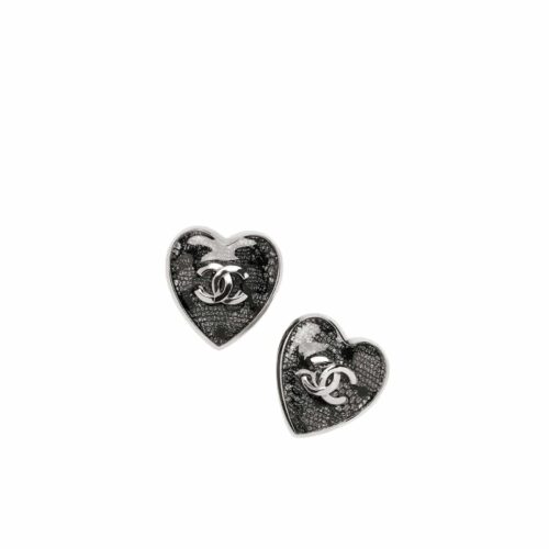 Chanel Stud Earrings Heart Textured Silver Metal Black