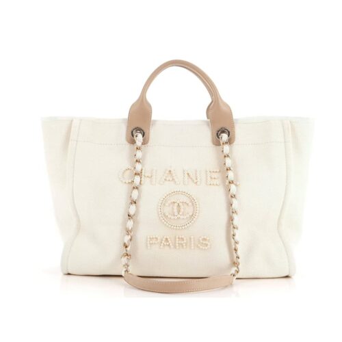 Chanel Deauville Large Canvas Pearl Tote Bags Beige 38cm