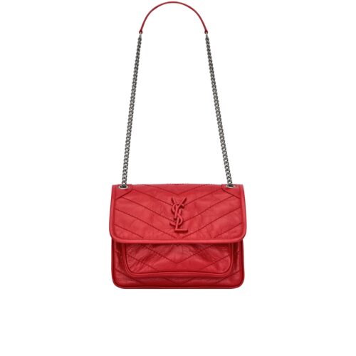 Saint Laurent Niki Baby In Vintage Leather Silver Hardware Shoulder Bag Dark Red 21cm 5330370EN046805