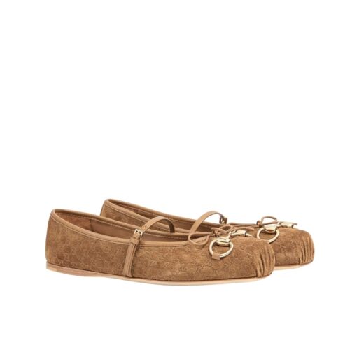 Gucci Women's Horsebit Suede Ballet Flat Brown 814413 Aaeen 2808