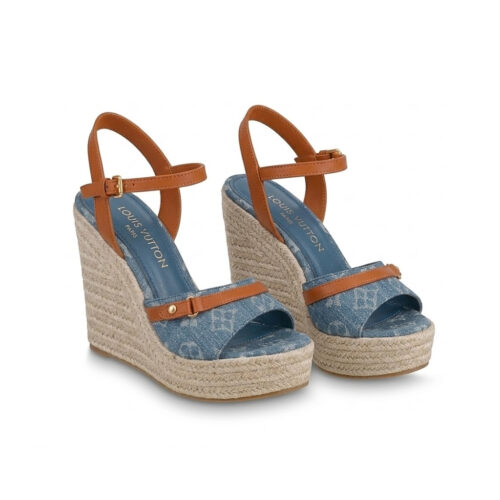 Louis Vuitton Helios Wedge Denim Sandal Blue And Brown 1Acizj