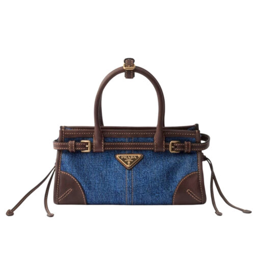 Prada Bonnie Small Denim Handbag Blue And Brown 24Cm 1BA486 2GCF F0C1B V OFO