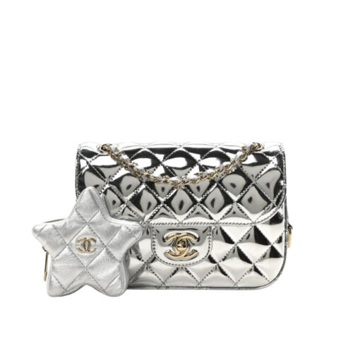 Chanel Mini Flap Bag Star Coin Purse Silver 21Cm AS4648 B14873 NT666