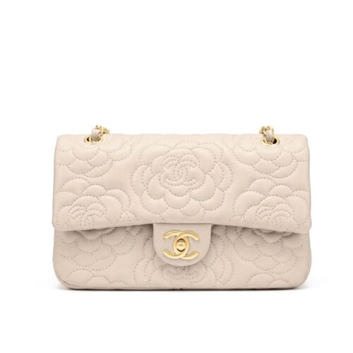 Chanel Camellia Medium Smooth Leather Flap Bag Beige 26cm