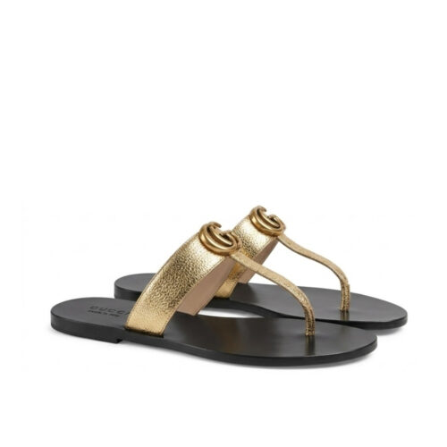 Gucci Thong Sandals With Double G Gold