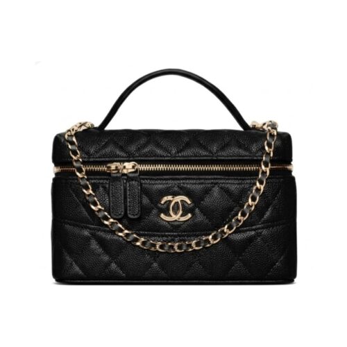 Chanel 25C Vanity With Chain Small Grainy Leather Handle Bags Black 19cm