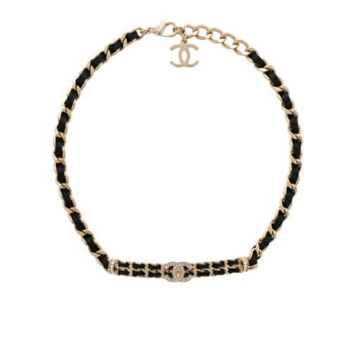 Chanel Choker Necklace Interwoven Leather Chain Crystals Gold Black AB6890 B06537 NF006